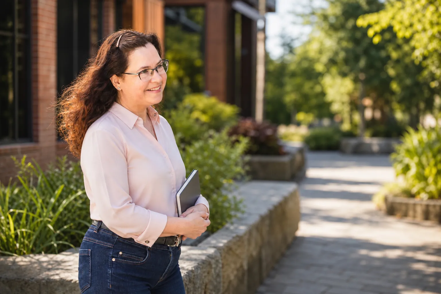 Jennifer Rader walking outside a Pacific Northwest office building