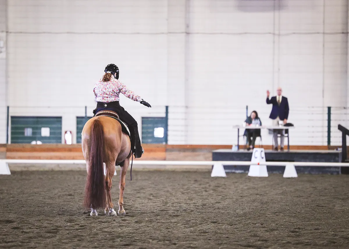 Western dressage rider on chestnut horse, saluting the judge. Judge stands in the background.