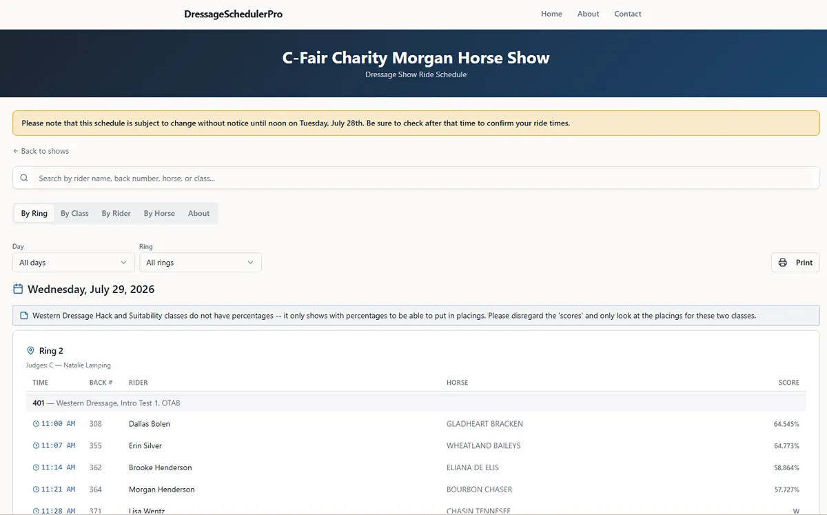 Screenshot of Dressage Scheduler Pro.