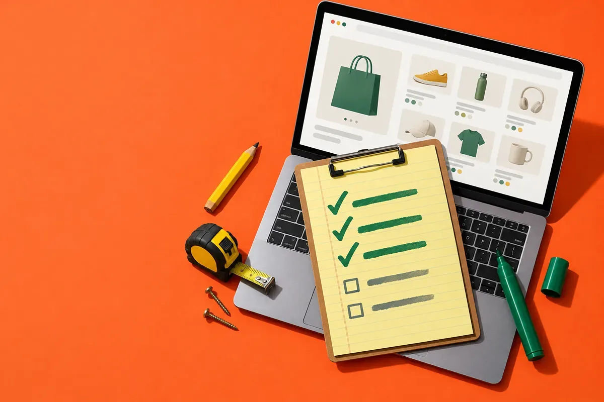 Laptop on an orange background showing a generic ecommerce site. A clipboard with a checklist sits on top with various other office and construction accessories.