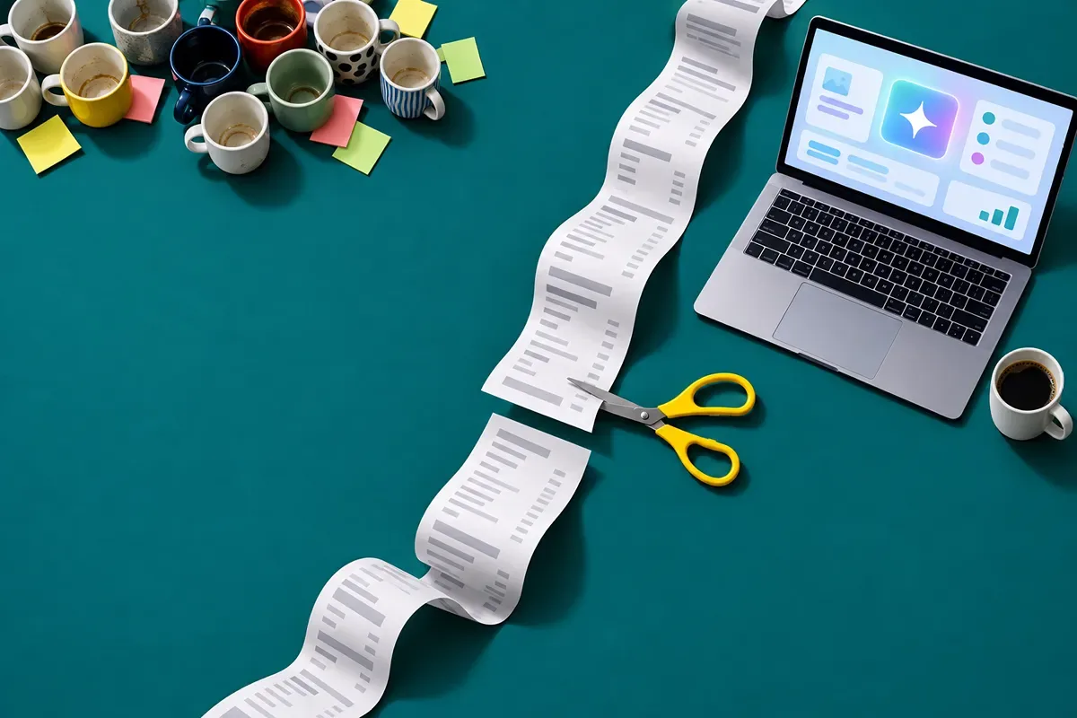 An open laptop with a coffee cup sits next to a long receipt cut in half by a pair of scissors. To the far left, a bunch of coffee cups with sticky notes.