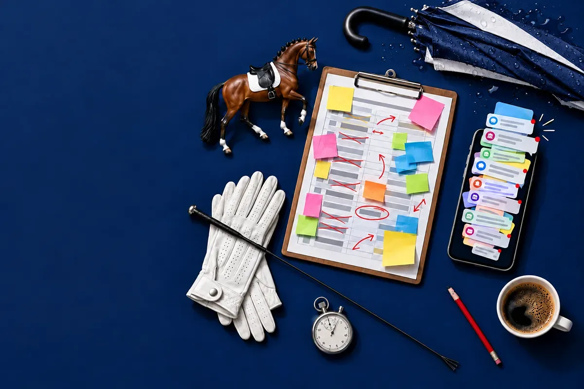A clipboard covered with sticky notes, phone covered in text messages, cup of coffee, umbrella with rain drops, a dressage Breyer horse, white gloves, dressage whip and stopwatch on a navy blue background.